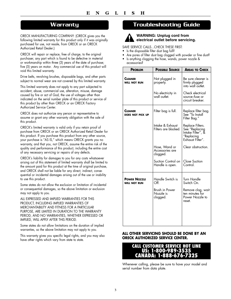 Roubleshooting, Uide, Arranty | Oreck DTX 1100 User Manual | Page 3 / 20