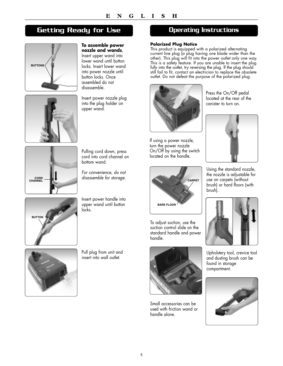 Etting, Eady for, Perating | Nstructions | Oreck DTX 1100 User Manual | Page 5 / 20