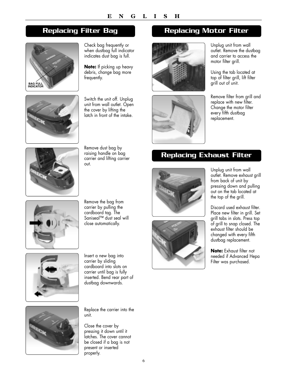 Motor f, Eplacing, Ilter | Xhaust | Oreck DTX 1100 User Manual | Page 6 / 20