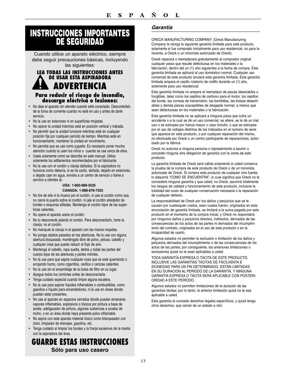 Instrucciones importantes de seguridad, Advertencia, Guarde estas instrucciones | Oreck 9000 series  VACUUMS User Manual | Page 14 / 20