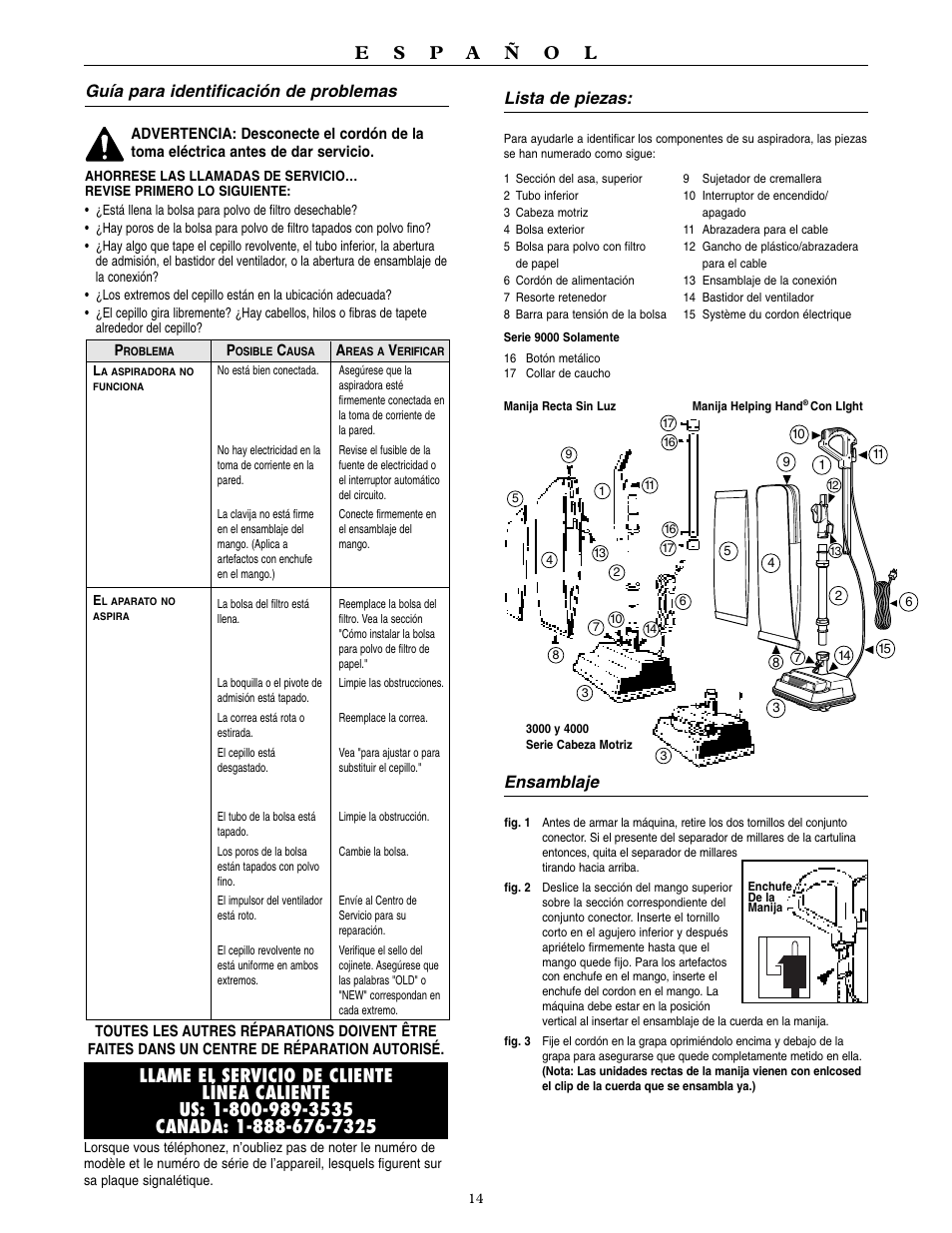 Guía para identificación de problemas, Lista de piezas, Ensamblaje | Oreck 9000 series  VACUUMS User Manual | Page 15 / 20