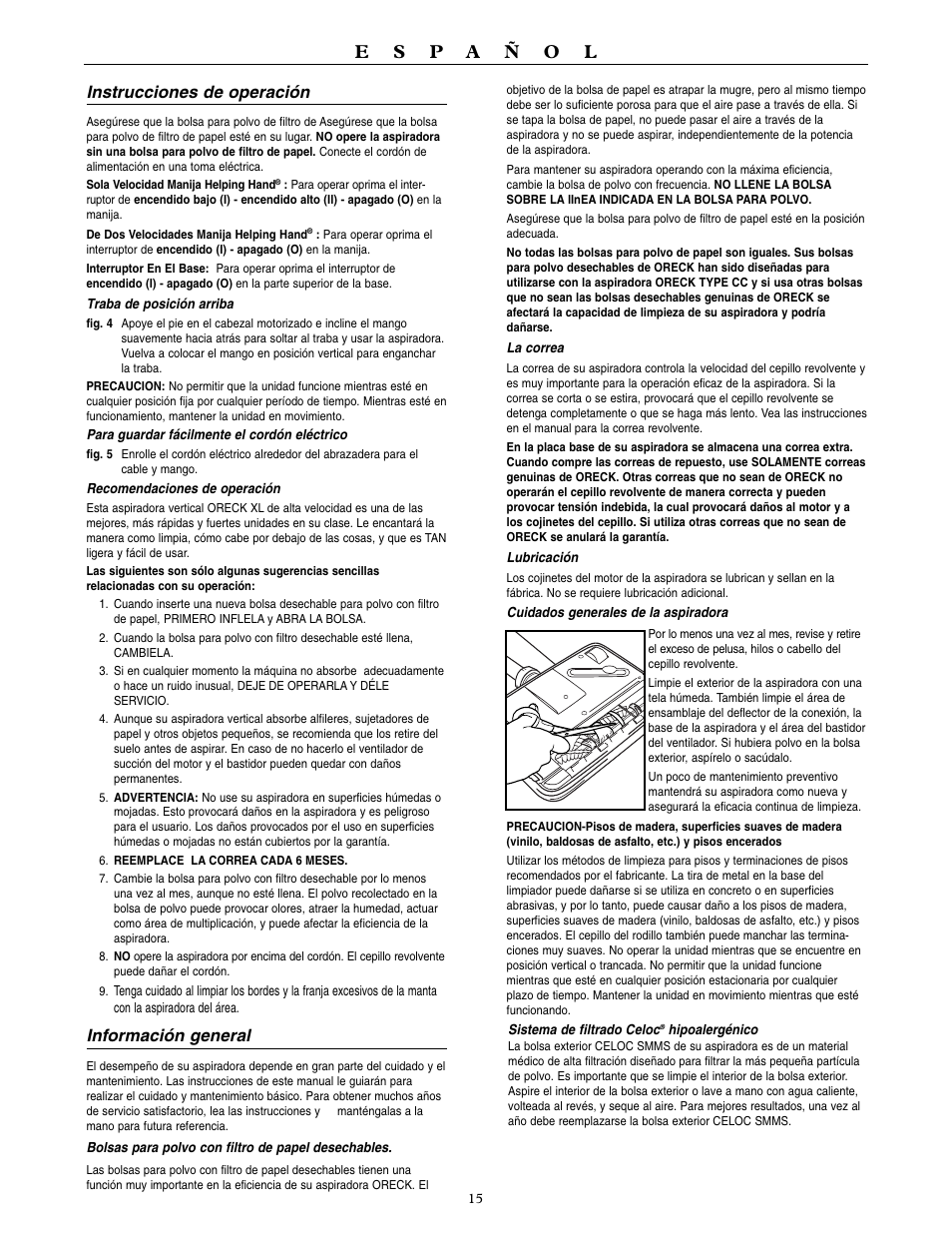 Instrucciones de operación, Información general | Oreck 9000 series  VACUUMS User Manual | Page 16 / 20