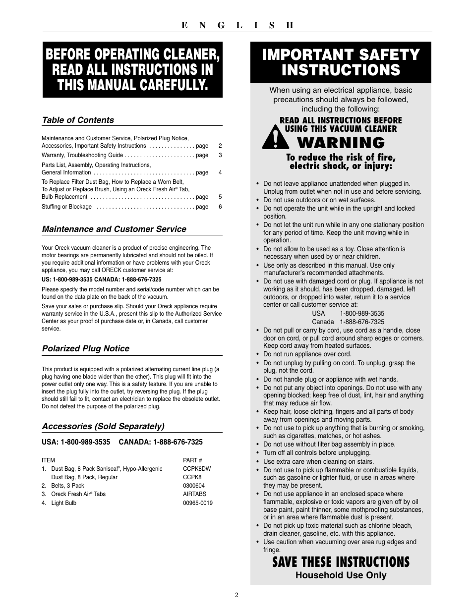 Important safety instructions, Warning, Save these instructions | Oreck 9000 series  VACUUMS User Manual | Page 3 / 20