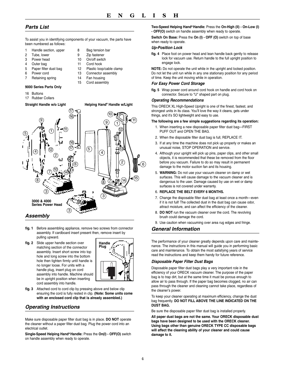 Parts list, Assembly, Operating instructions | General information | Oreck 9000 series  VACUUMS User Manual | Page 5 / 20