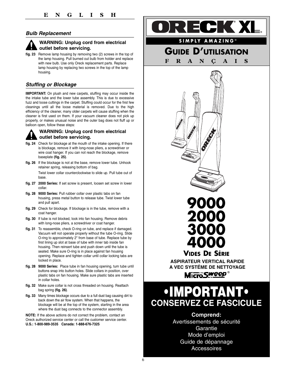 Important, Conservez ce fascicule, Uide | Utilisation | Oreck 9000 series  VACUUMS User Manual | Page 7 / 20