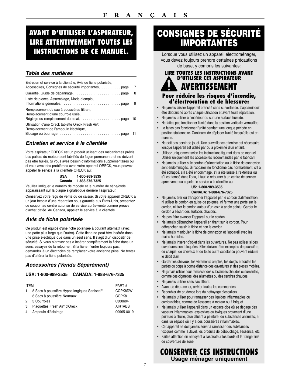 Consignes de sécurité importantes, Avertissement, Conserver ces instructions | Oreck 9000 series  VACUUMS User Manual | Page 8 / 20