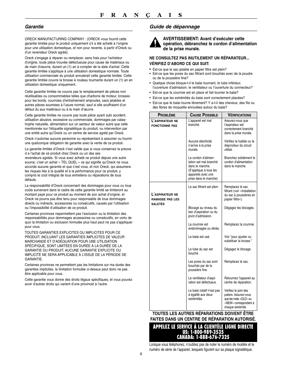 Guide de dépannage, Garantie | Oreck 9000 series  VACUUMS User Manual | Page 9 / 20