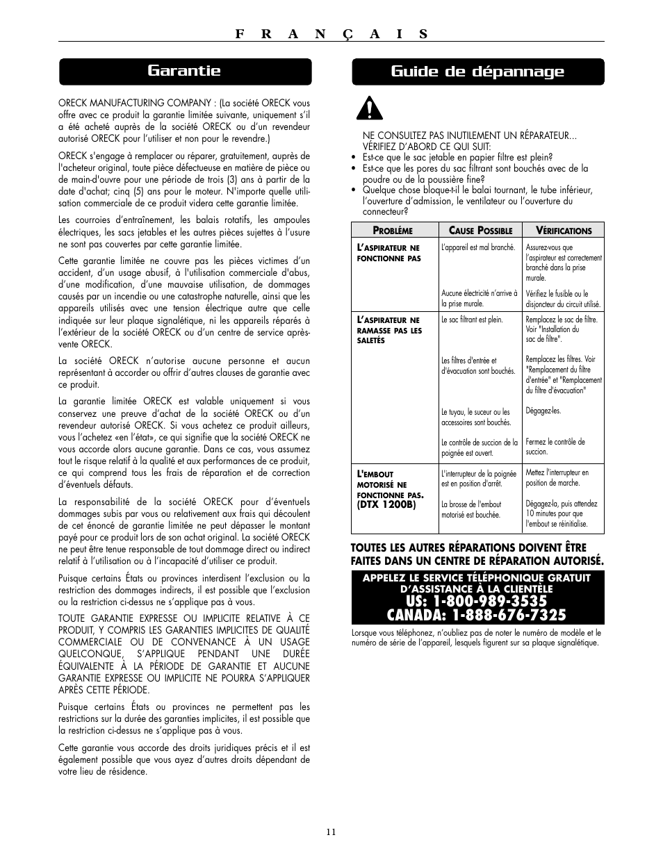 Arantie, Uide de dépannage | Oreck DUTCHTECH DTX 1200A User Manual | Page 11 / 24