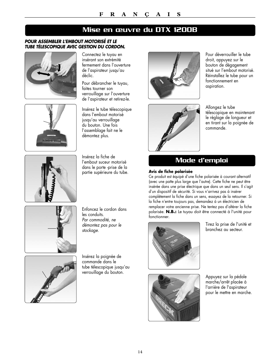 Mise en œuvre du dtx 1200b, Ode d’emploi | Oreck DUTCHTECH DTX 1200A User Manual | Page 14 / 24