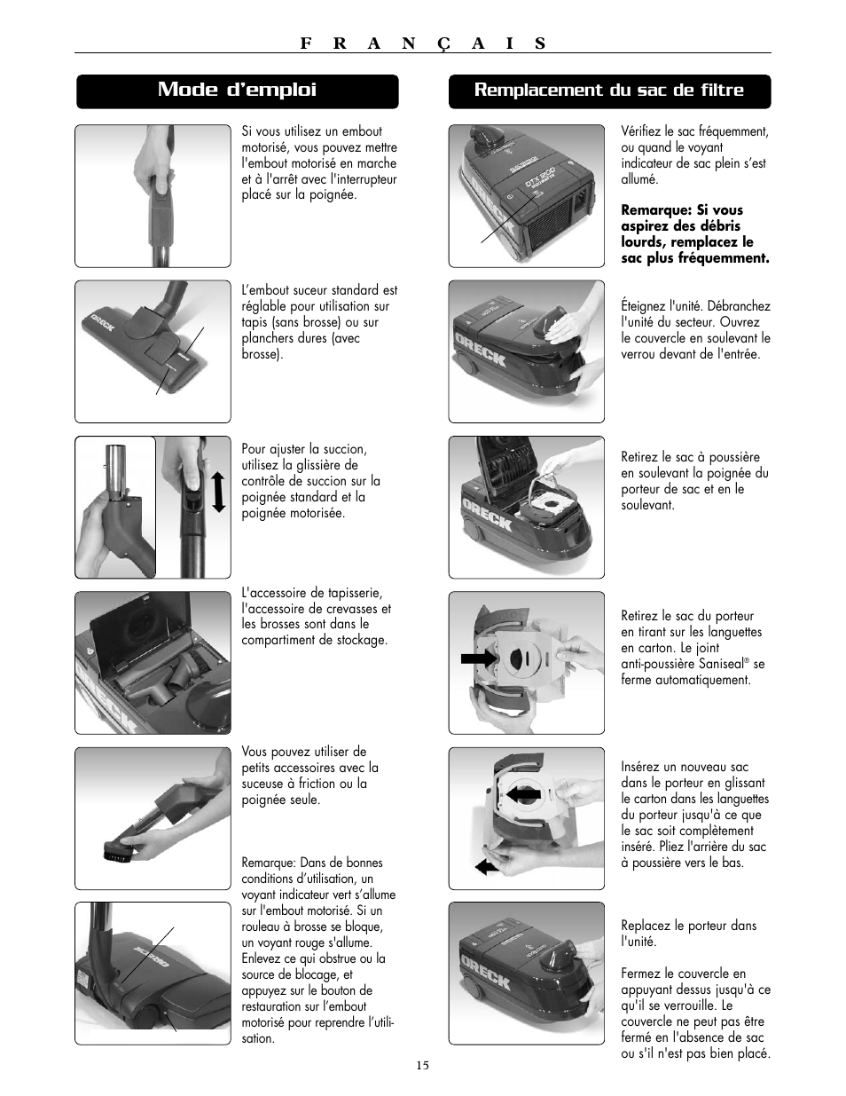 Ode d’emploi, Emplacement du sac de filtre | Oreck DUTCHTECH DTX 1200A User Manual | Page 15 / 24