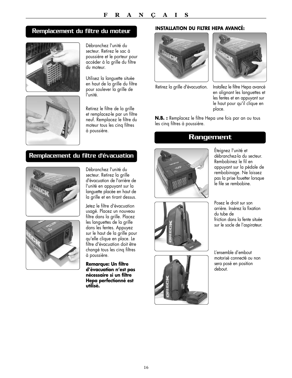 Angement, Emplacement du filtre du moteur, Emplacement du filtre d'évacuation | Oreck DUTCHTECH DTX 1200A User Manual | Page 16 / 24