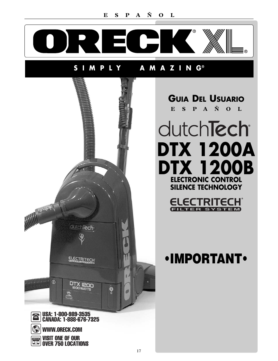 Important | Oreck DUTCHTECH DTX 1200A User Manual | Page 17 / 24