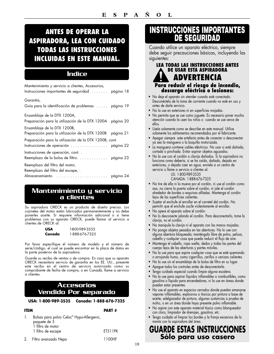 Advertencia, Antenimiento y servicio a clientes, Ccesorios vendido por separado | Sólo para uso casero | Oreck DUTCHTECH DTX 1200A User Manual | Page 18 / 24