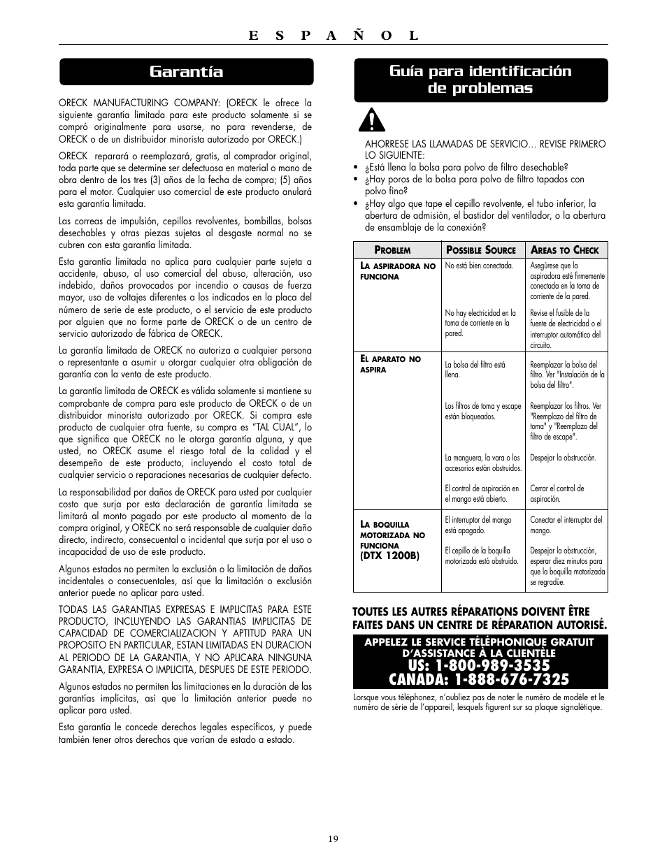 Arantía, Uía para identificación de problemas | Oreck DUTCHTECH DTX 1200A User Manual | Page 19 / 24
