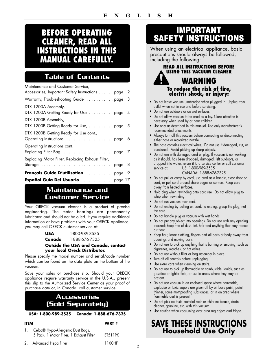 Save these instructions, Important safety instructions, Warning | Household use only, Aintenance and, Ustomer, Ervice, Able of, Ontents, Ccessories | Oreck DUTCHTECH DTX 1200A User Manual | Page 2 / 24