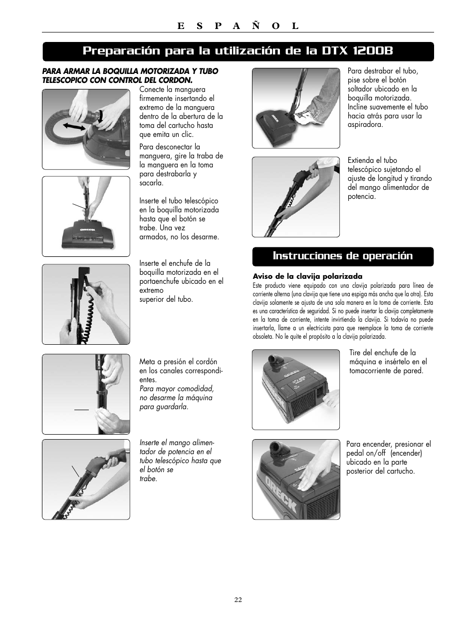 Preparación para la utilización de la dtx 1200b, Nstrucciones de operación | Oreck DUTCHTECH DTX 1200A User Manual | Page 22 / 24