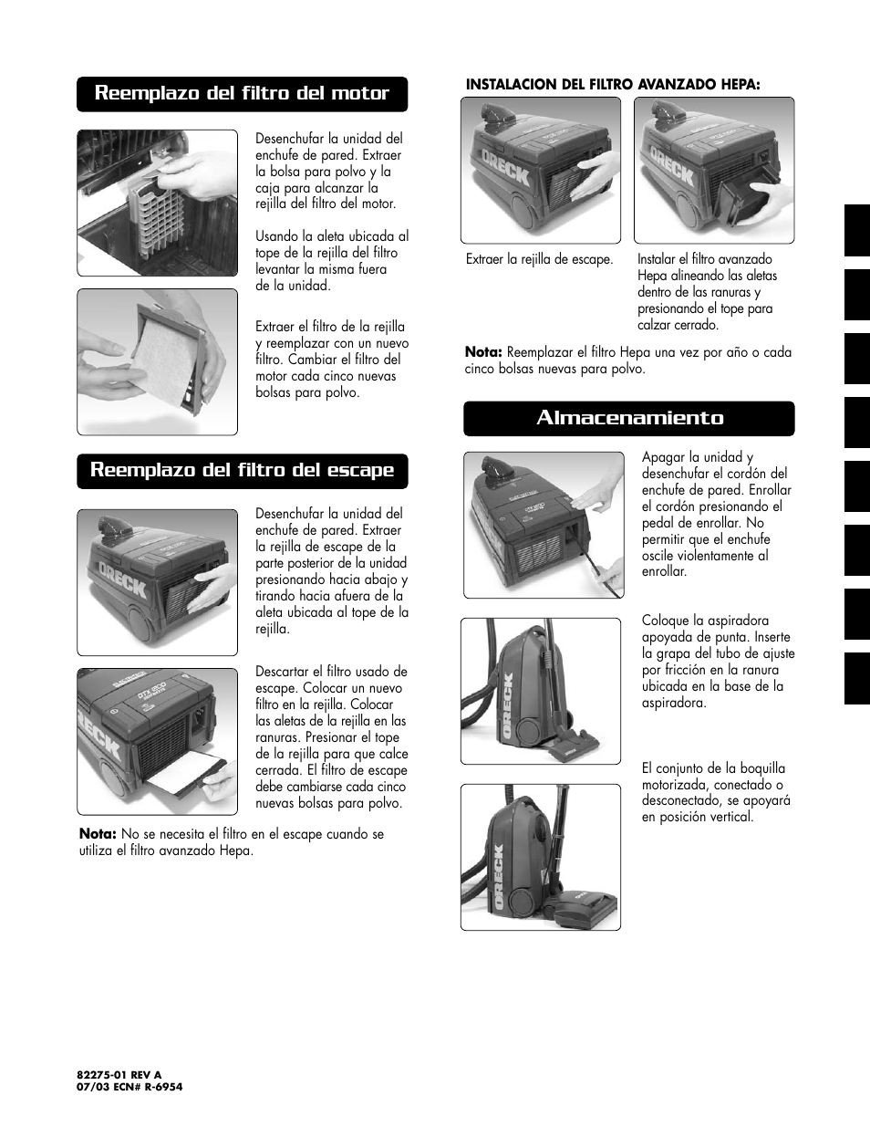 Lmacenamiento, Eemplazo del filtro del motor, Eemplazo del filtro del escape | Oreck DUTCHTECH DTX 1200A User Manual | Page 24 / 24