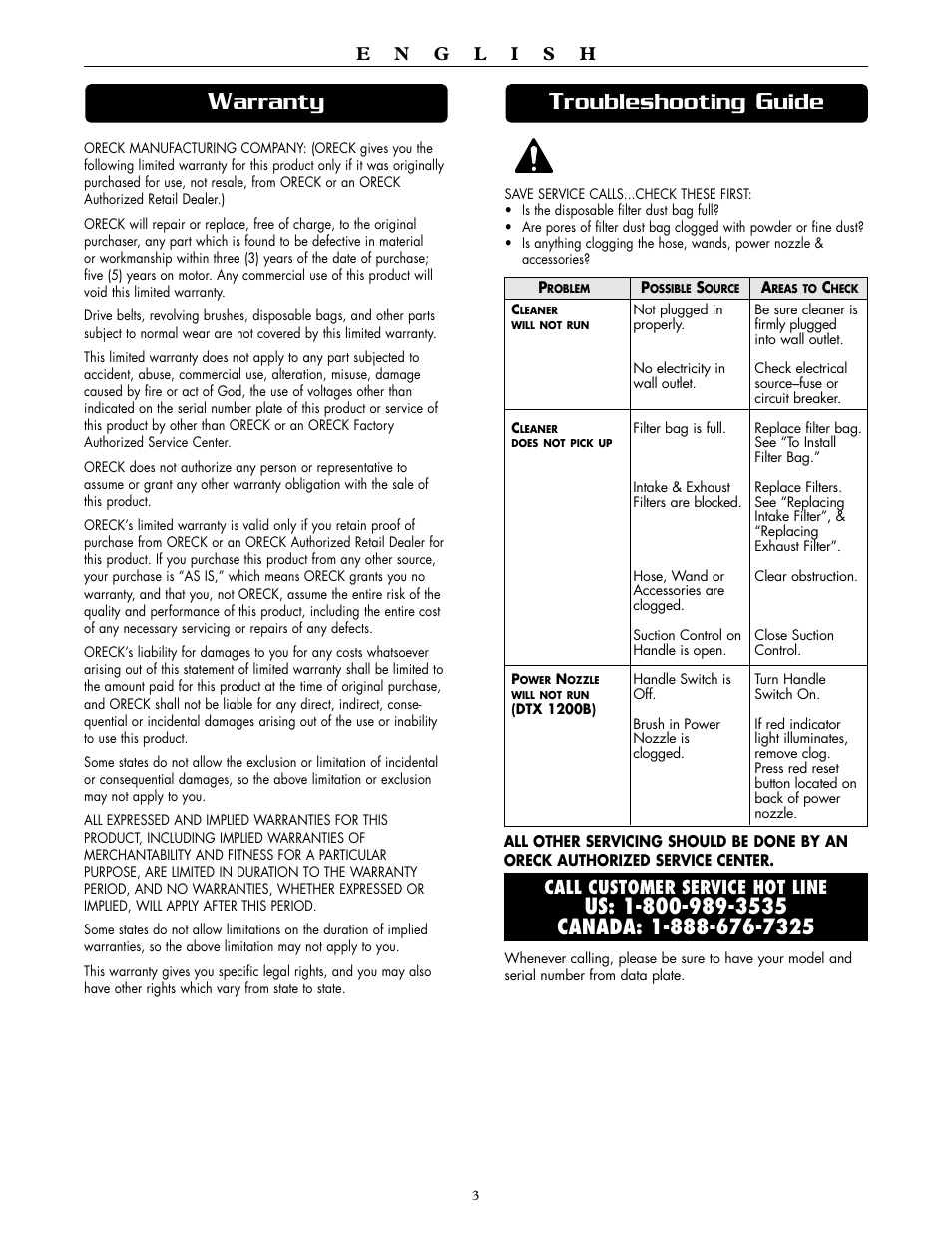 Roubleshooting, Uide, Arranty | Oreck DUTCHTECH DTX 1200A User Manual | Page 3 / 24