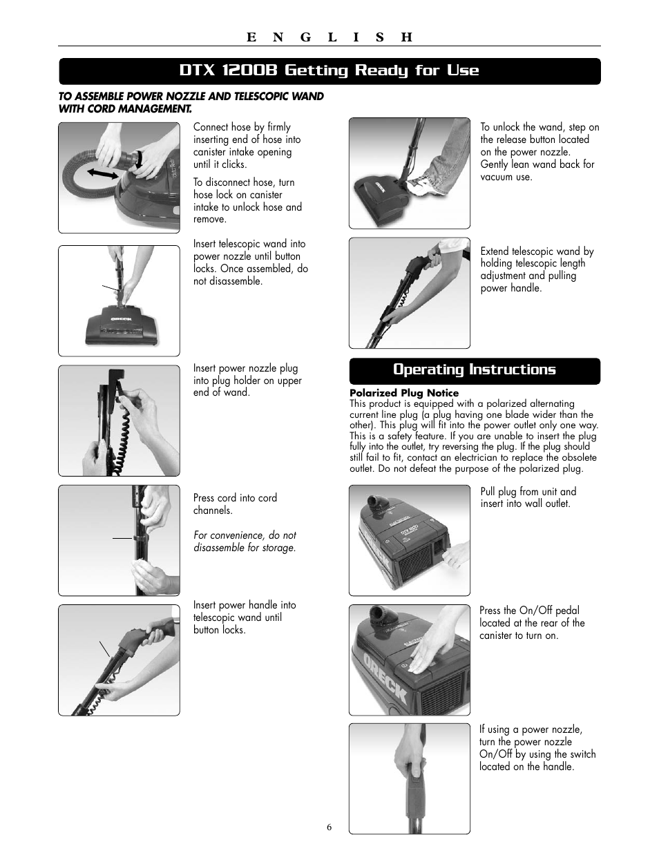 Dtx 1200b g, Etting, Eady for | Perating, Nstructions | Oreck DUTCHTECH DTX 1200A User Manual | Page 6 / 24