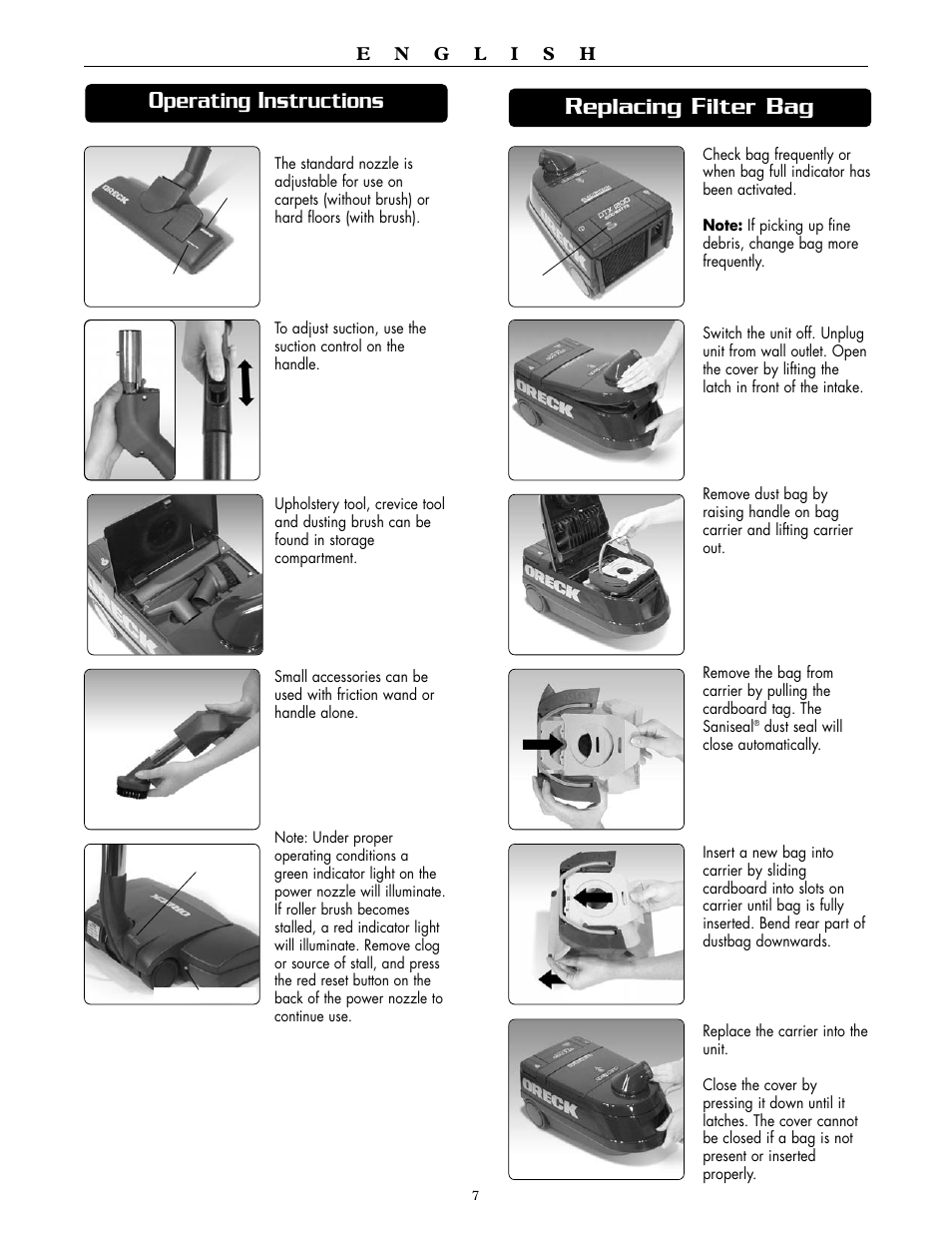 Perating, Nstructions, Eplacing | Ilter | Oreck DUTCHTECH DTX 1200A User Manual | Page 7 / 24
