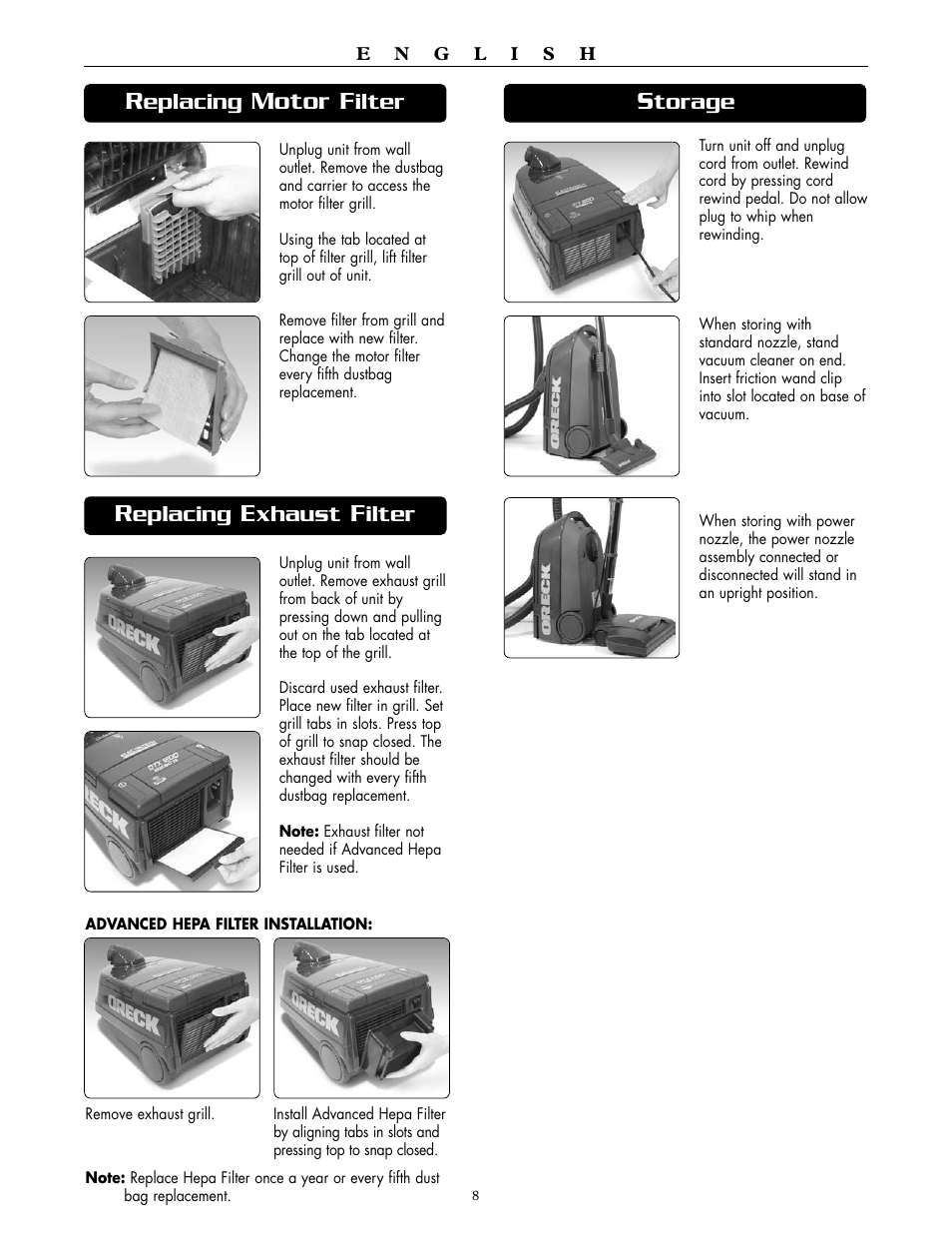 Motor f, Eplacing, Ilter | Xhaust, Torage | Oreck DUTCHTECH DTX 1200A User Manual | Page 8 / 24