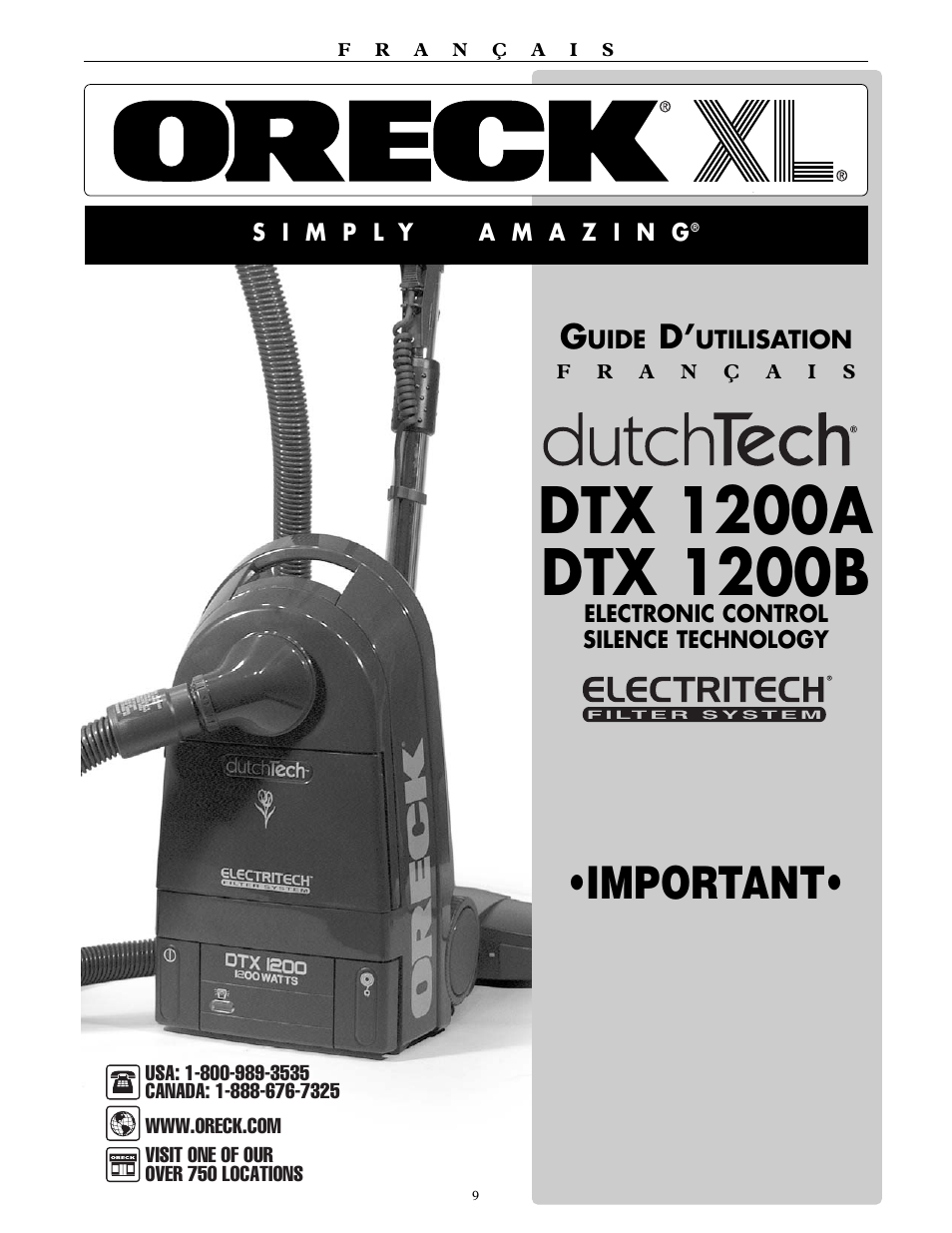 Important | Oreck DUTCHTECH DTX 1200A User Manual | Page 9 / 24