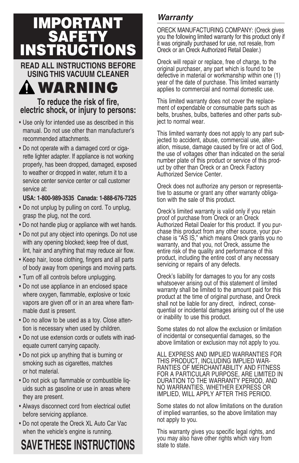 Important safety instructions, Warning, Save these instructions | Oreck Multi-Purpose Automotive Vacuum and Light 40108-01 User Manual | Page 2 / 4