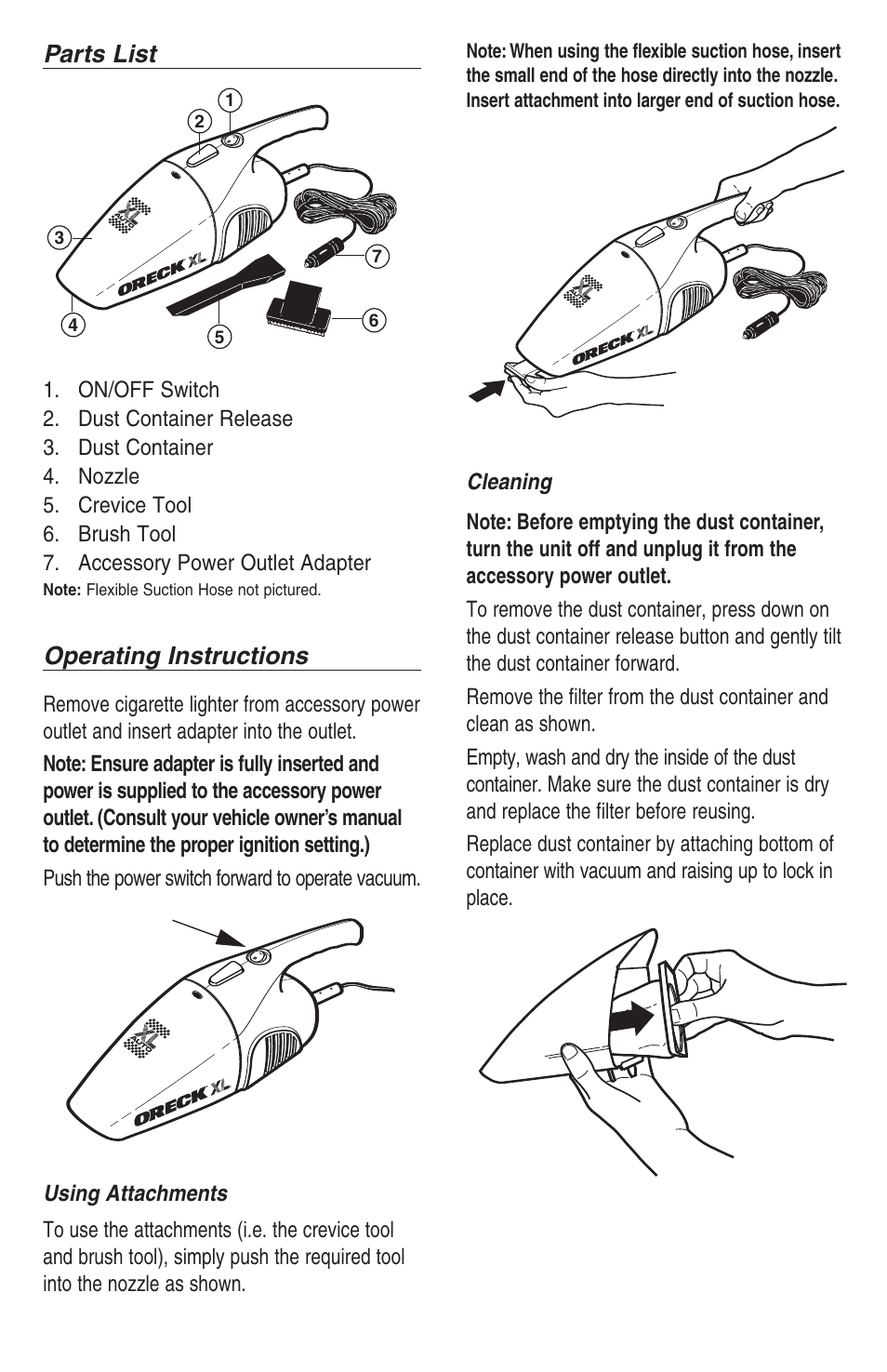 Parts list, Operating instructions | Oreck Multi-Purpose Automotive Vacuum and Light 40108-01 User Manual | Page 3 / 4