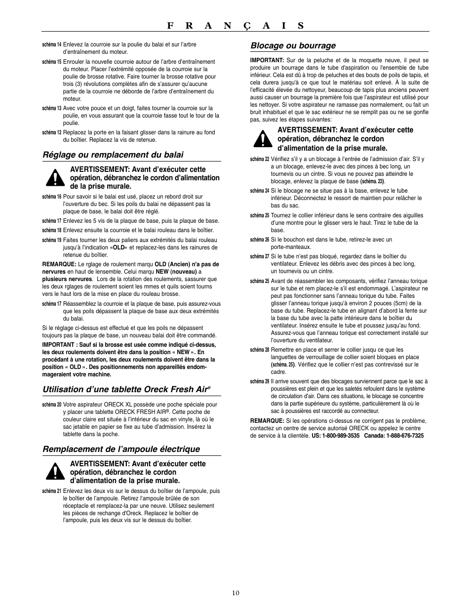 Réglage ou remplacement du balai, Utilisation d’une tablette oreck fresh air, Remplacement de l’ampoule électrique | Blocage ou bourrage | Oreck U3120HH User Manual | Page 11 / 16