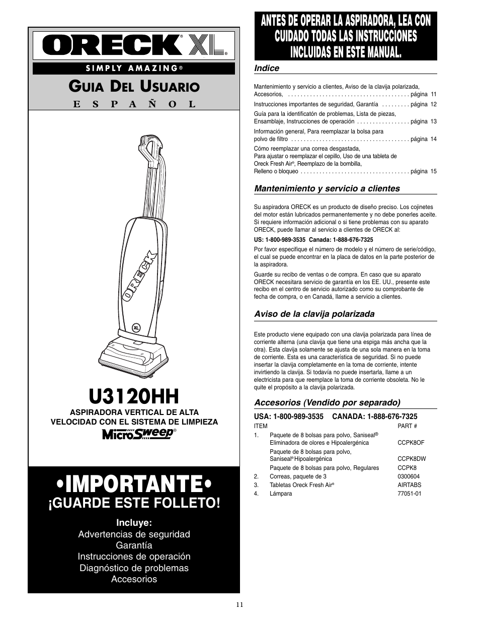 Importante, U3120hh, Guarde este folleto | Suario | Oreck U3120HH User Manual | Page 12 / 16