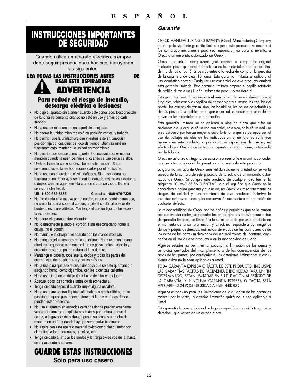 Instrucciones importantes de seguridad, Advertencia, Guarde estas instrucciones | Oreck U3120HH User Manual | Page 13 / 16