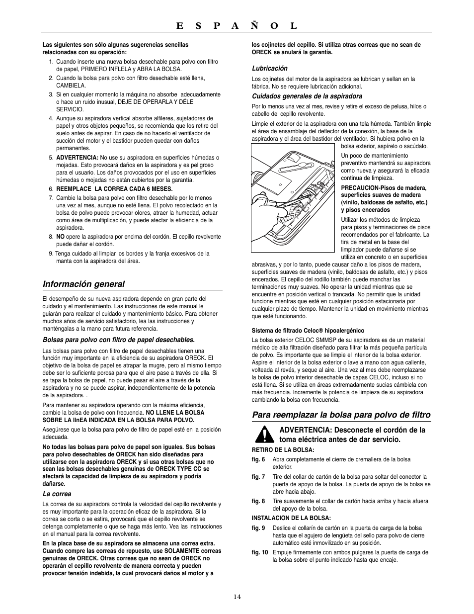Información general, Para reemplazar la bolsa para polvo de filtro | Oreck U3120HH User Manual | Page 15 / 16