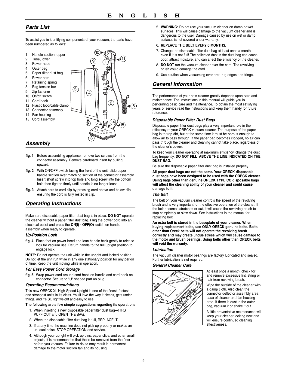 General information, Parts list, Assembly | Operating instructions | Oreck U3120HH User Manual | Page 5 / 16