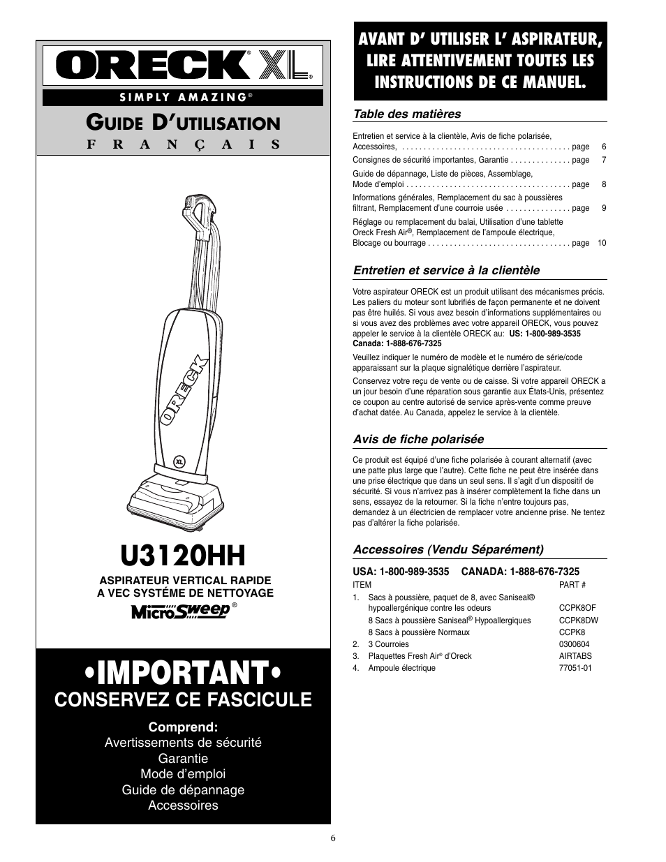 Important, U3120hh, Conservez ce fascicule | Uide, Utilisation | Oreck U3120HH User Manual | Page 7 / 16