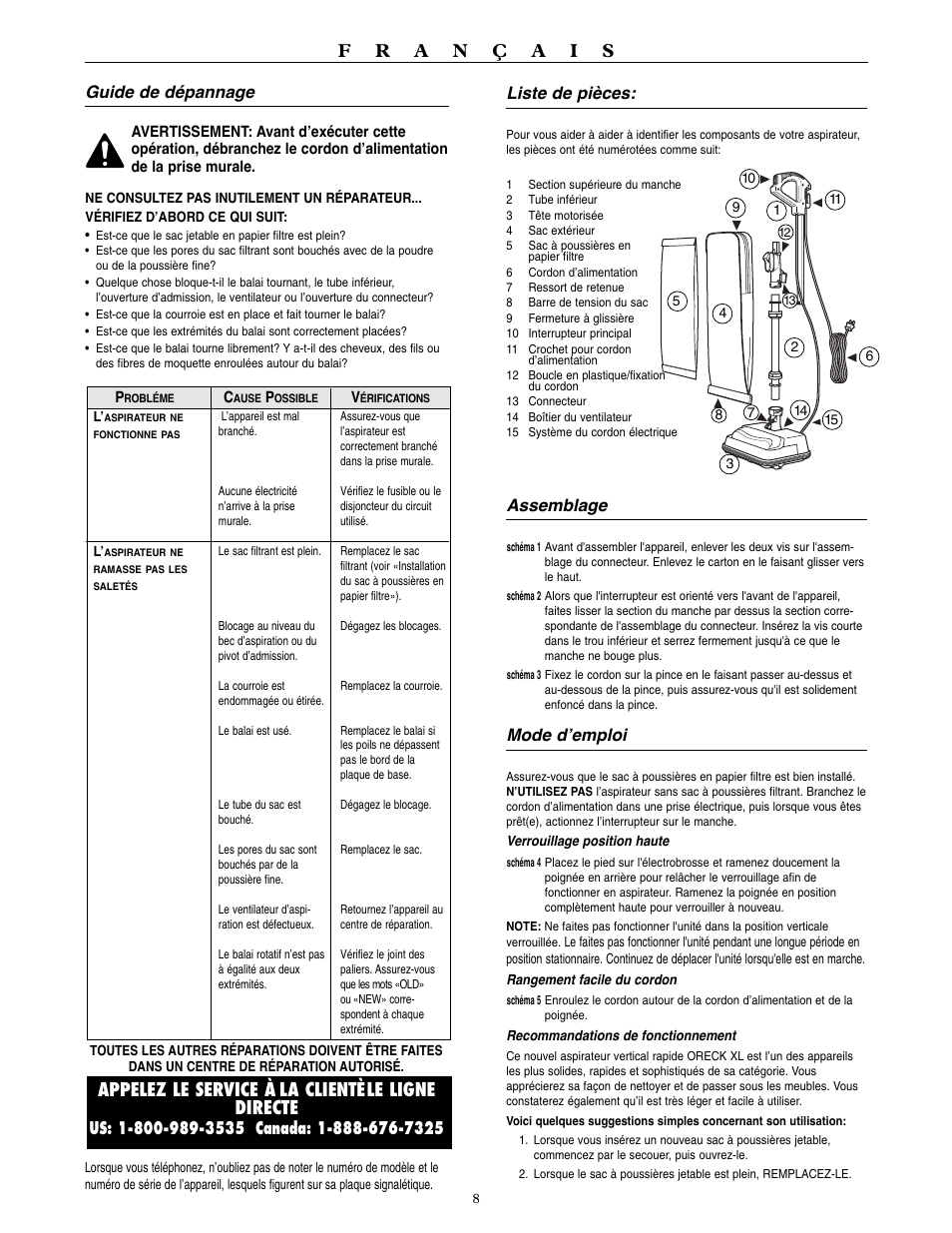 Guide de dépannage, Liste de pièces, Assemblage | Mode d’emploi | Oreck U3120HH User Manual | Page 9 / 16