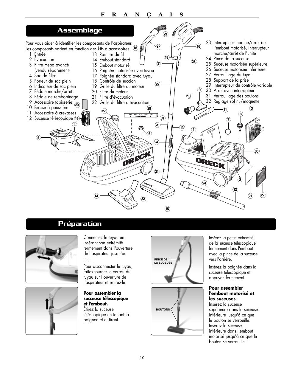 Ssemblage, Réparation | Oreck DTX 1300 User Manual | Page 10 / 20