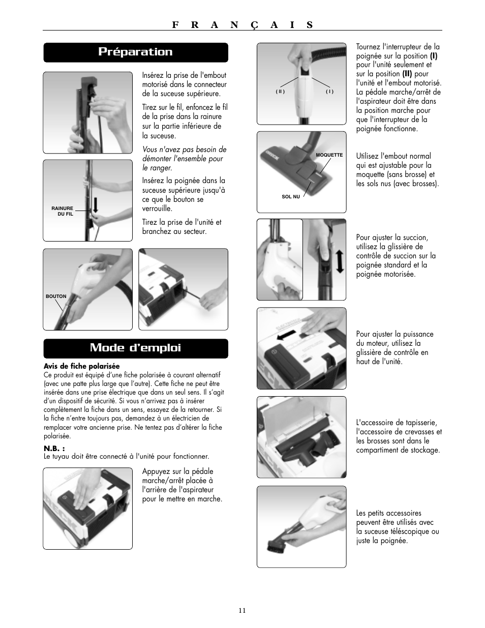 Réparation, Ode d’emploi | Oreck DTX 1300 User Manual | Page 11 / 20