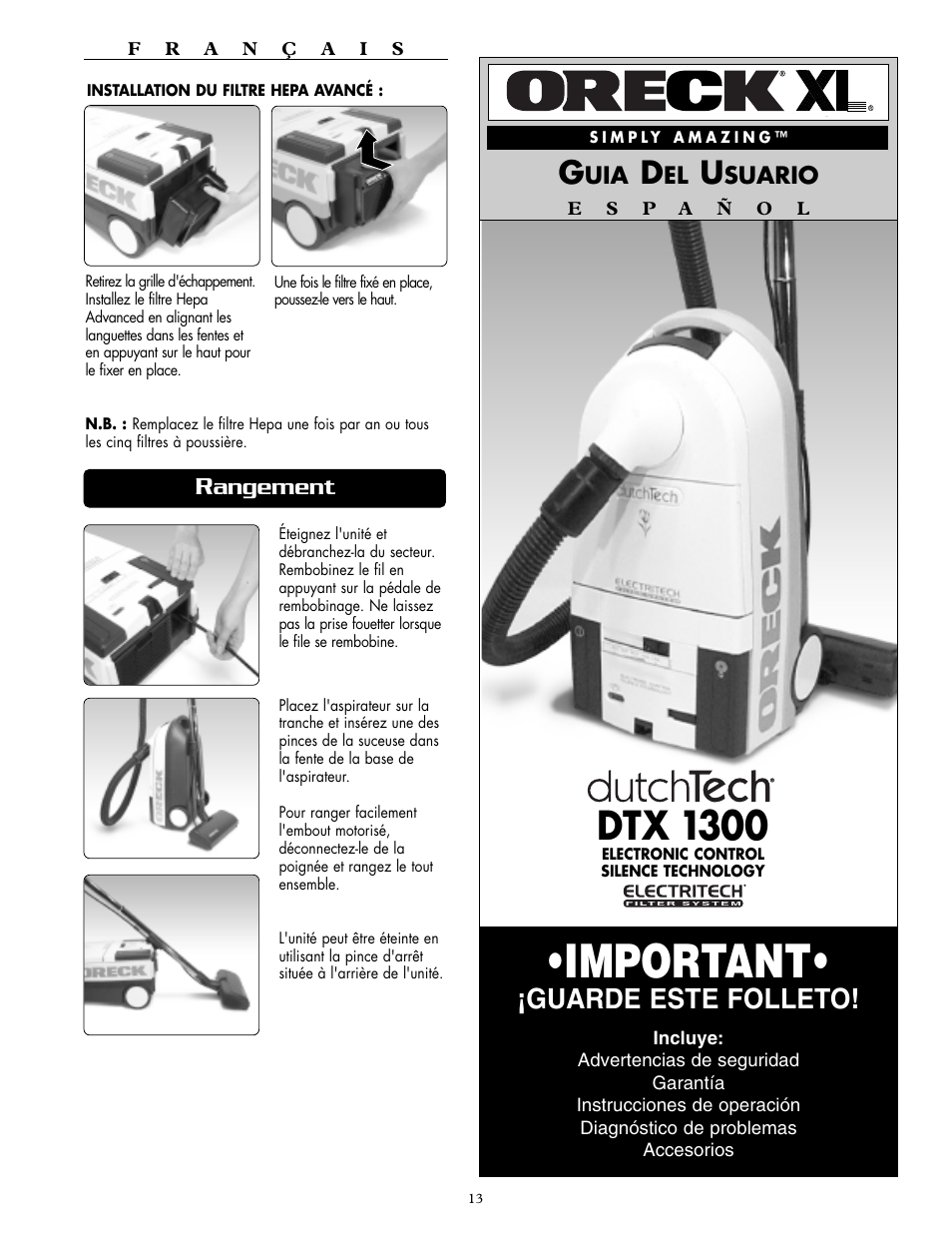 Important, Dtx 1300, Guarde este folleto | Oreck DTX 1300 User Manual | Page 13 / 20