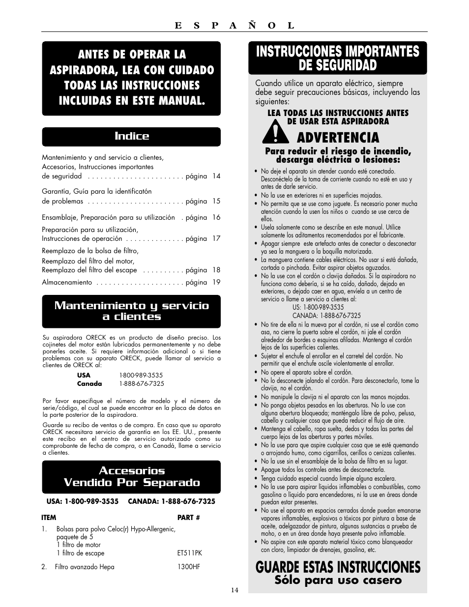 Advertencia, Antenimiento y servicio a clientes, Sólo para uso casero | Ccesorios, Endido, Eparado | Oreck DTX 1300 User Manual | Page 14 / 20