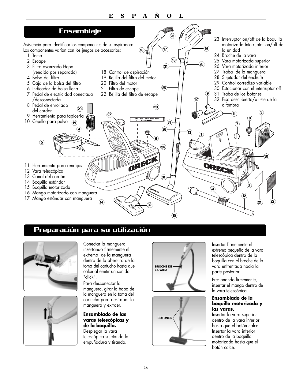 Reparación para su utilización, Nsamblaje | Oreck DTX 1300 User Manual | Page 16 / 20