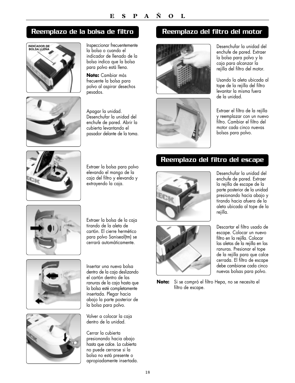 Eemplazo del filtro del motor, Eemplazo del filtro del escape, Eemplazo de la bolsa de filtro | Oreck DTX 1300 User Manual | Page 18 / 20