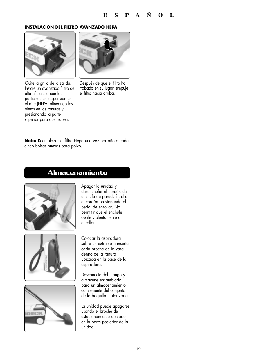Lmacenamiento | Oreck DTX 1300 User Manual | Page 19 / 20