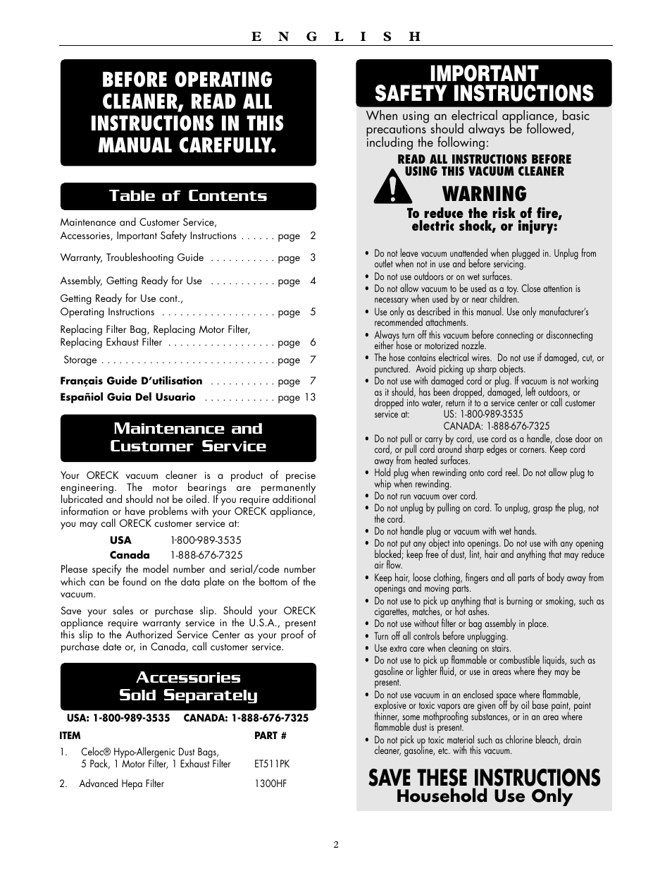 Save these instructions, Important safety instructions, Warning | Aintenance and, Ustomer, Ervice, Able of, Ontents, Household use only, Ccessories | Oreck DTX 1300 User Manual | Page 2 / 20