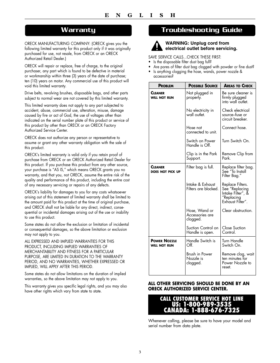 Roubleshooting, Uide, Arranty | Oreck DTX 1300 User Manual | Page 3 / 20