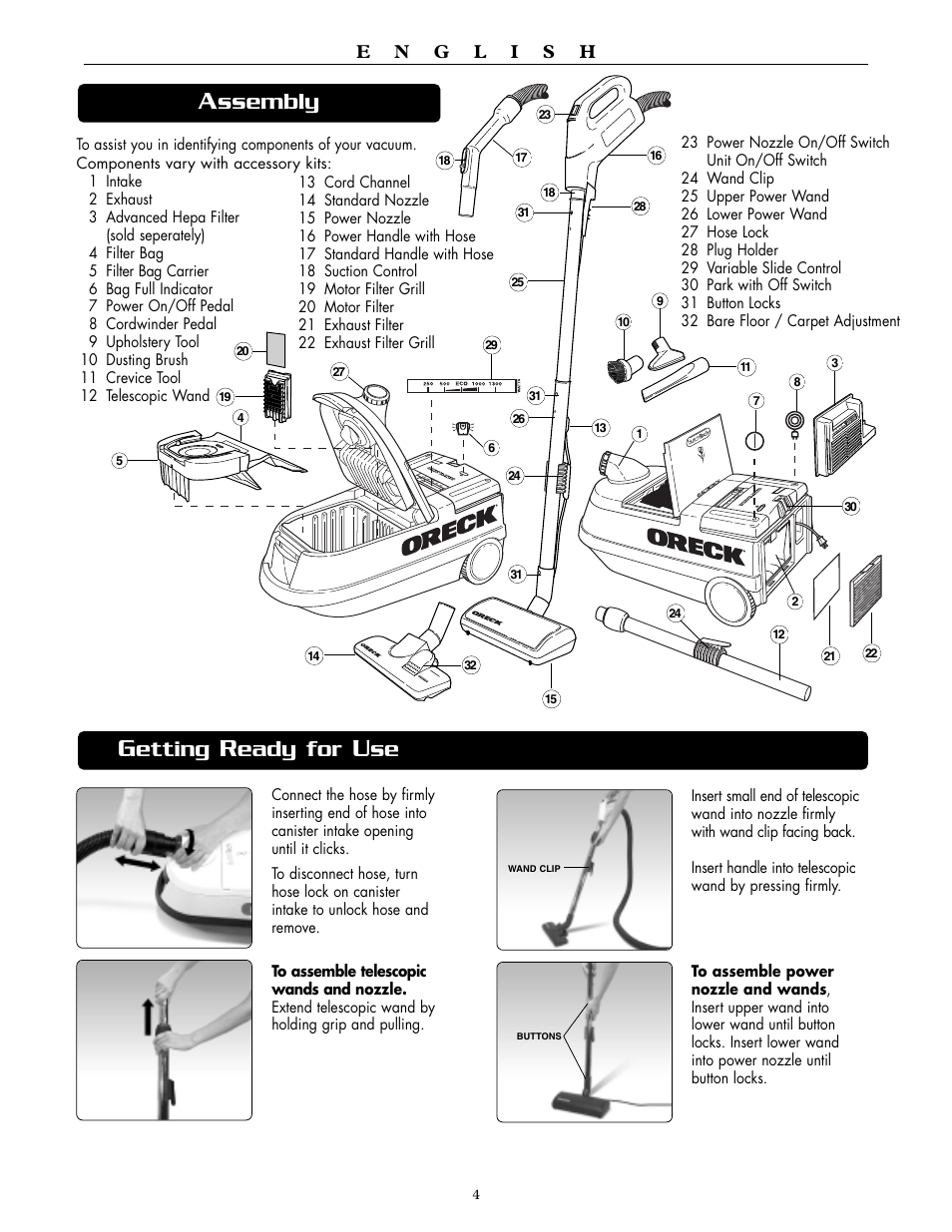 Ssembly, Etting, Eady for | Oreck DTX 1300 User Manual | Page 4 / 20