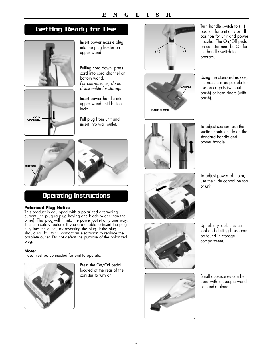 Etting, Eady for, Perating | Nstructions | Oreck DTX 1300 User Manual | Page 5 / 20