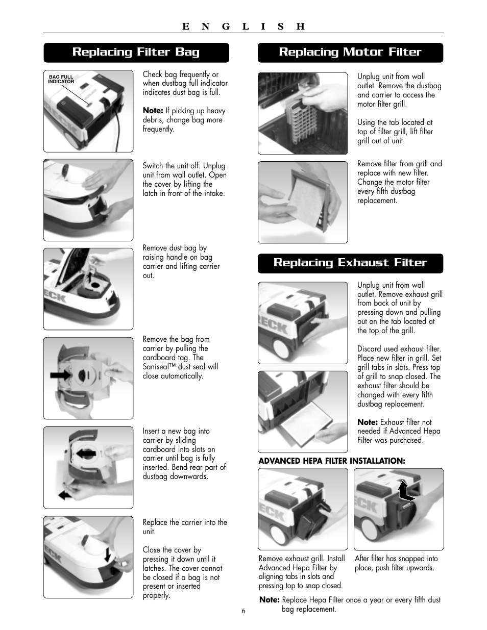 Motor f, Eplacing, Ilter | Xhaust | Oreck DTX 1300 User Manual | Page 6 / 20