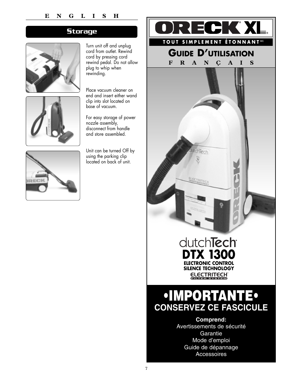 Importante, Dtx 1300, Conservez ce fascicule | Oreck DTX 1300 User Manual | Page 7 / 20
