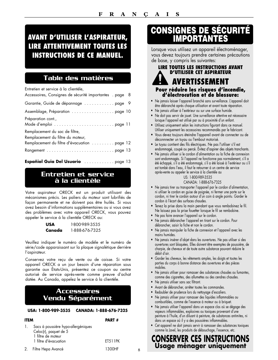 Avertissement, Ntretien et service à la clientèle, Usage ménager uniquement | Ccessoires, Endu, Éparément | Oreck DTX 1300 User Manual | Page 8 / 20
