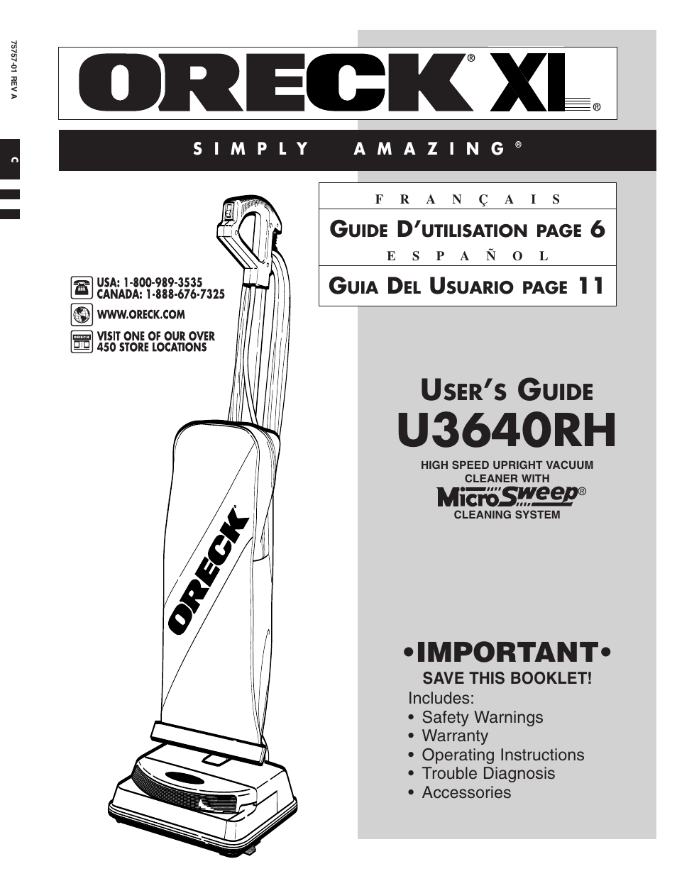 Oreck XL U3640RH User Manual | 16 pages